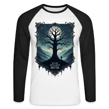 Wo Metall auf Mythos trifft ! - Unisex Baseballshirt langarm - Weiß/Schwarz - Vorne - Nik (191cm)
