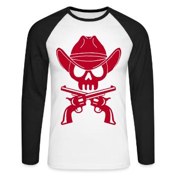 Cowboy Skull and Crossed Guns (Red) - Unisex Long Sleeve Baseball T-Shirt - white/black - Front - Nik (191cm)