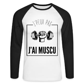 Je peux pas j’ai muscu - T-shirt baseball manches longues Homme - blanc/noir - Devant - Nik (191cm)