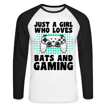 Gamer and Bats: Video Games and Nightlife - Unisex Long Sleeve Baseball T-Shirt - white/black - Front - Nik (191cm)