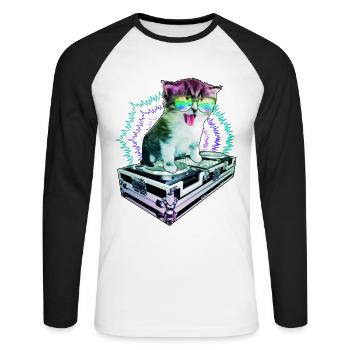 Katze Brille Turntable DJ Disco Club Party - Unisex Baseballshirt langarm - Weiß/Schwarz - Vorne - Nik (191cm)