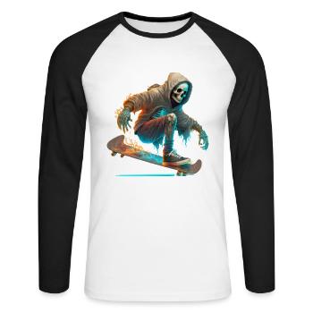 A skeleton with a hoodie riding a skateboard - Unisex Long Sleeve Baseball T-Shirt - white/black - Front - Nik (191cm)
