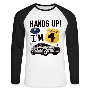 Polizei 4. Geburtstag Geschenk 4 Jahre Polizist - Unisex Baseballshirt langarm - Weiß/Schwarz - Vorne - Nik (191cm)