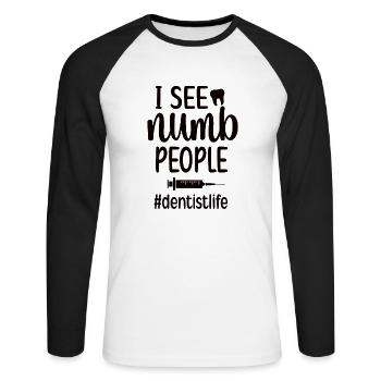 Zahnarzt Geschenkidee Zahnärztin Zahnmediziner - Unisex Baseballshirt langarm - Weiß/Schwarz - Vorne - Nik (191cm)