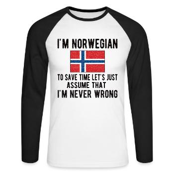 Norwegian Norway origin Norwegian flag - Unisex Long Sleeve Baseball T-Shirt - white/black - Front - Nik (191cm)