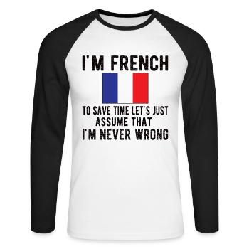 French France Origin French flag - Unisex Long Sleeve Baseball T-Shirt - white/black - Front - Nik (191cm)