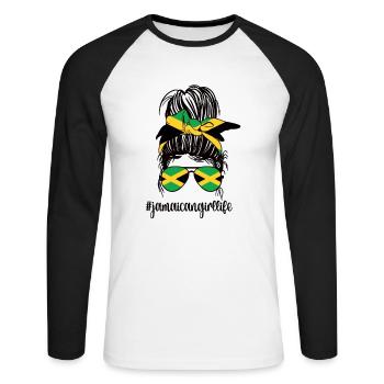 Proud Jamaican Jamaican roots - Unisex Long Sleeve Baseball T-Shirt - white/black - Front - Nik (191cm)