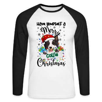 Border Collie Noël Border Collie Cadeaux de Noël - T-shirt baseball manches longues Homme - blanc/noir - Devant - Nik (191cm)