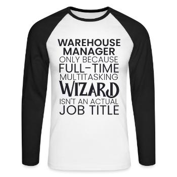 Warehouse Manager multitasking Wizard - Unisex Baseballshirt langarm - Weiß/Schwarz - Vorne - Nik (191cm)