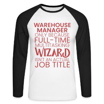 Warehouse Manager multitasking Wizard - Unisex Baseballshirt langarm - Weiß/Schwarz - Vorne - Nik (191cm)