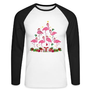 Flamant rose Noël. Cadeau de Noël - T-shirt baseball manches longues Homme - blanc/noir - Devant - Nik (191cm)