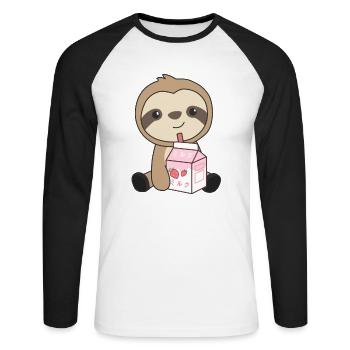 Kawaii Faultier Retro japanisch Erdbeer Milchshake - Unisex Baseballshirt langarm - Weiß/Schwarz - Vorne - Nik (191cm)