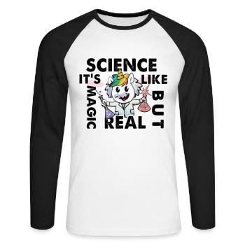 Funny Science Is Like Magic But Real Unicorn - Unisex Long Sleeve Baseball T-Shirt - white/black - Front - Nik (191cm)