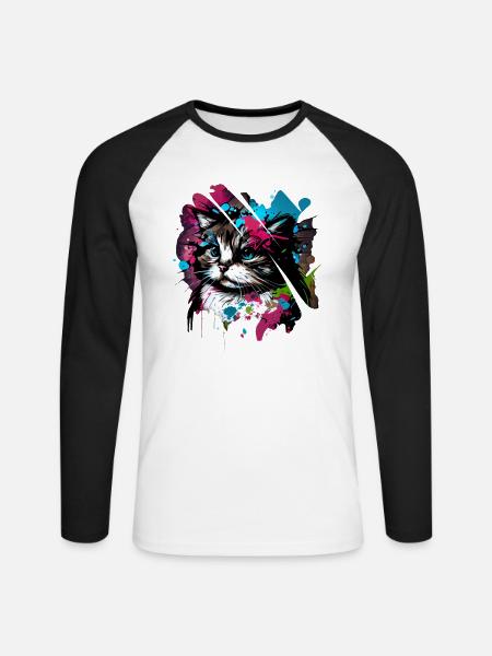 Aquarell süßes Kätzchen - Unisex Baseballshirt langarm - Weiß/Schwarz