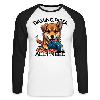 Funny Dog Gaming Pizza Gamer Gamer Gaming - Unisex Long Sleeve Baseball T-Shirt - white/black - Front - Nik (191cm)