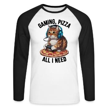 Drôles de chats Jeux Pizza Gamer Gamer Jeux - T-shirt baseball manches longues Homme - blanc/noir - Devant - Nik (191cm)