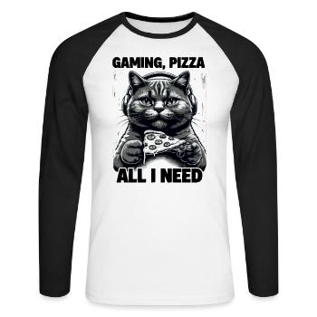 Funny Cats Gaming Pizza Gamer Gamer Gaming - Unisex Long Sleeve Baseball T-Shirt - white/black - Front - Nik (191cm)
