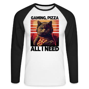 Drôles de chats Jeux Pizza Gamer Gamer Jeux - T-shirt baseball manches longues Homme - blanc/noir - Devant - Nik (191cm)