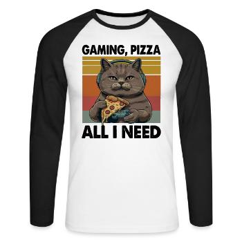 Drôles de chats Jeux Pizza Gamer Gamer Jeux - T-shirt baseball manches longues Homme - blanc/noir - Devant - Nik (191cm)