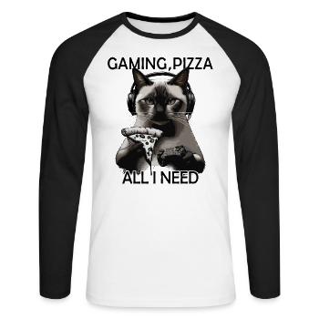 Funny Cats Gaming Pizza Gamer Gamer Gaming - Unisex Long Sleeve Baseball T-Shirt - white/black - Front - Nik (191cm)