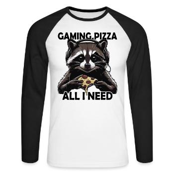Funny Raccoon Gaming Pizza Gamer Gamer Gaming - Unisex Long Sleeve Baseball T-Shirt - white/black - Front - Nik (191cm)
