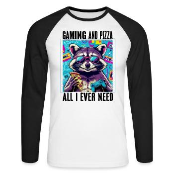 Funny Raccoon Gaming Pizza Gamer Gamer Gaming - Unisex Long Sleeve Baseball T-Shirt - white/black - Front - Nik (191cm)