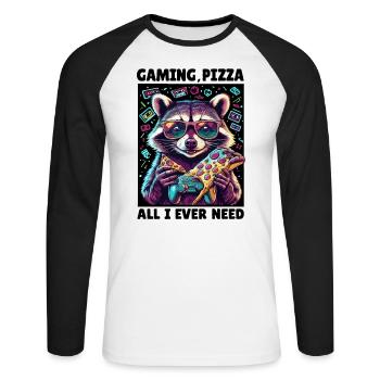 Funny Raccoon Gaming Pizza Gamer Gamer Gaming - Unisex Long Sleeve Baseball T-Shirt - white/black - Front - Nik (191cm)