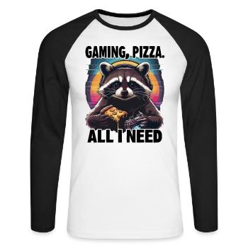Funny Raccoon Gaming Pizza Gamer Gamer Gaming - Unisex Long Sleeve Baseball T-Shirt - white/black - Front - Nik (191cm)