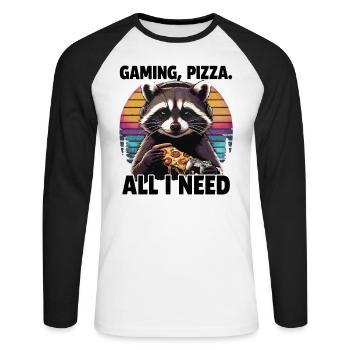 Funny Raccoon Gaming Pizza Gamer Gamer Gaming - Unisex Long Sleeve Baseball T-Shirt - white/black - Front - Nik (191cm)