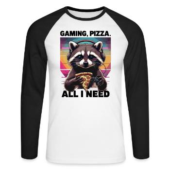 Funny Raccoon Gaming Pizza Gamer Gamer Gaming - Unisex Long Sleeve Baseball T-Shirt - white/black - Front - Nik (191cm)
