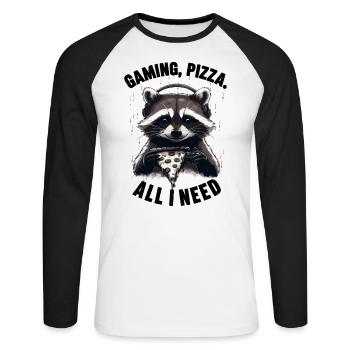Funny Raccoon Gaming Pizza Gamer Gamer Gaming - Unisex Long Sleeve Baseball T-Shirt - white/black - Front - Nik (191cm)
