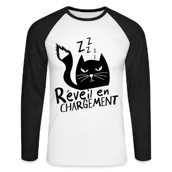 Chat grognon, réveil en chargement ! humour - T-shirt baseball manches longues Homme - blanc/noir - Devant - Nik (191cm)