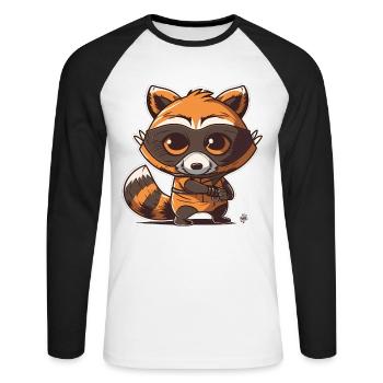 Whimsical Rascal : un raton laveur joueur avec un bandit - T-shirt baseball manches longues Homme - blanc/noir - Devant - Nik (191cm)