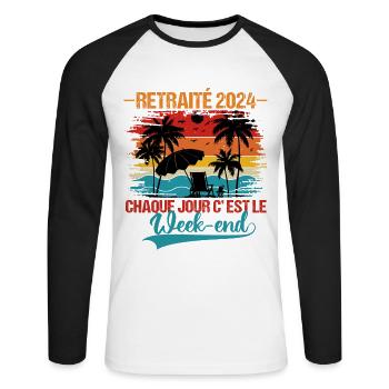 Retraité 2024 humour retraite cadeau pour retraité - T-shirt baseball manches longues Homme - blanc/noir - Devant - Nik (191cm)