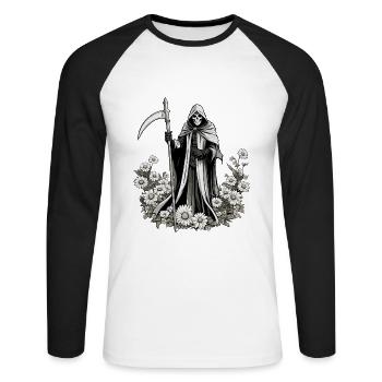 Illustration de fleurs de la Faucheuse - T-shirt baseball manches longues Homme - blanc/noir - Devant - Nik (191cm)