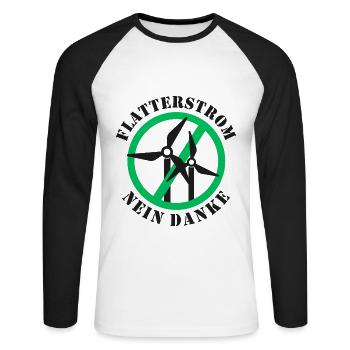 Flatterstrom Nein Danke, Windkraft Nein Danke - Unisex Baseballshirt langarm - Weiß/Schwarz - Vorne - Nik (191cm)