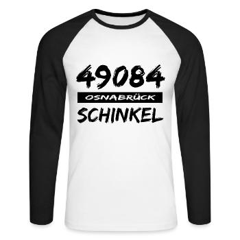 49084 Osnabrück Schinkel Tshirt - Unisex Baseballshirt langarm - Weiß/Schwarz - Vorne - Nik (191cm)