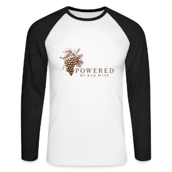 Powered by Red Wine Wein Liebhaber Trinkspruch - Unisex Baseballshirt langarm - Weiß/Schwarz - Vorne - Nik (191cm)