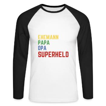 Ehemann, Papa, Opa aber hauptberuflich Superheld - Unisex Baseballshirt langarm - Weiß/Schwarz - Vorne - Nik (191cm)