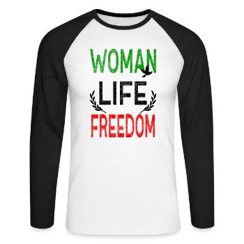 Woman Life Freedom Frau Rechte Gleichheit Iran - Unisex Baseballshirt langarm - Weiß/Schwarz - Vorne - Nik (191cm)