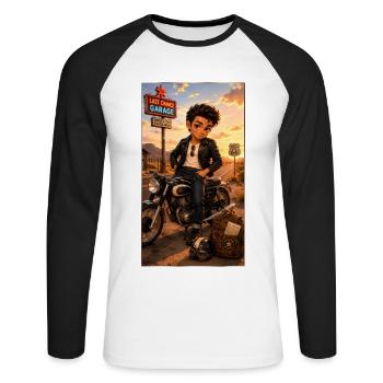 Steven Biker Motorcycle Road 66 Vintage – Kek-Ina - Unisex Baseballshirt langarm - Weiß/Schwarz - Vorne - Nik (191cm)