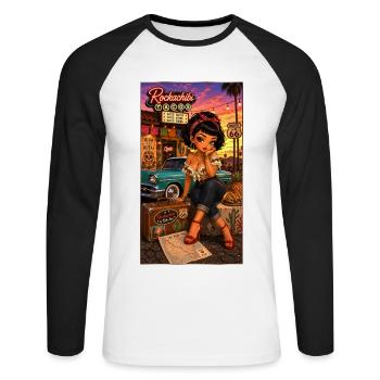 Penelope Pinup Road 66 Vintage 50er - Chibi Kek-In - Unisex Baseballshirt langarm - Weiß/Schwarz - Vorne - Nik (191cm)