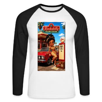 Gloria Pinup Cherry 50s Tankstelle – Kek-Ina - Unisex Baseballshirt langarm - Weiß/Schwarz - Vorne - Nik (191cm)