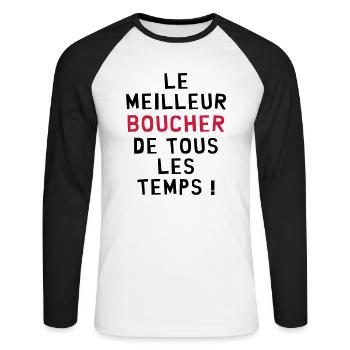 Boucher / Bouchère / Boucherie / Viande Charcutier - T-shirt baseball manches longues Homme - blanc/noir - Devant - Nik (191cm)