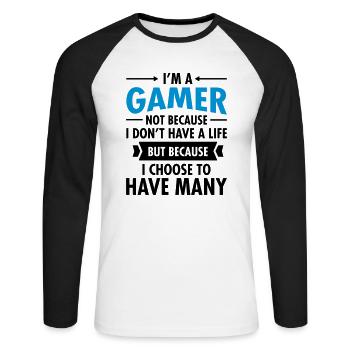 Geek I'm A Gamer Many Lives - Unisex Baseballshirt langarm - Weiß/Schwarz - Vorne - Nik (191cm)