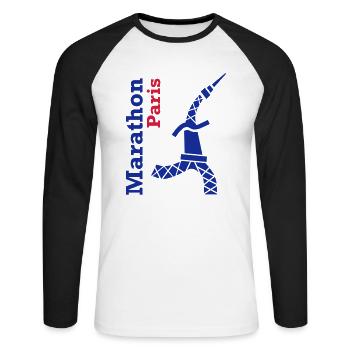 paris_marathon_Tour Eiffel - T-shirt baseball manches longues Homme - blanc/noir - Devant - Nik (191cm)