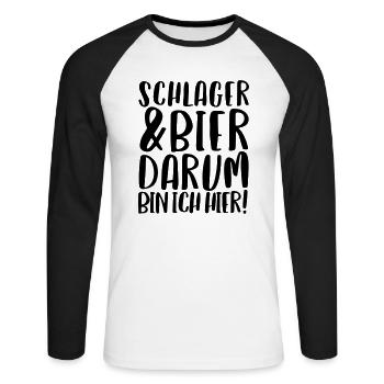 SCHLAGER & BIER DARUM BIN ICH HIER - Unisex Baseballshirt langarm - Weiß/Schwarz - Vorne - Nik (191cm)