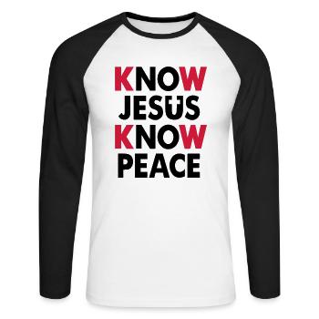 Know Jesus - Know Peace - Unisex Baseballshirt langarm - Weiß/Schwarz - Vorne - Nik (191cm)