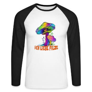 Ich liebe Pilze, bunte Pilze, Pilz, Geschenkidee - Unisex Baseballshirt langarm - Weiß/Schwarz - Vorne - Nik (191cm)