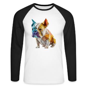 Moderne Farbenfrohe Origami Bulldog Hund - Unisex Baseballshirt langarm - Weiß/Schwarz - Vorne - Nik (191cm)